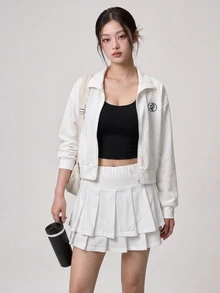 DAZY Women's Zip-Up Long Sleeve Jacket And Pleated Mini Skirt Sports Set Fall - White - View 1