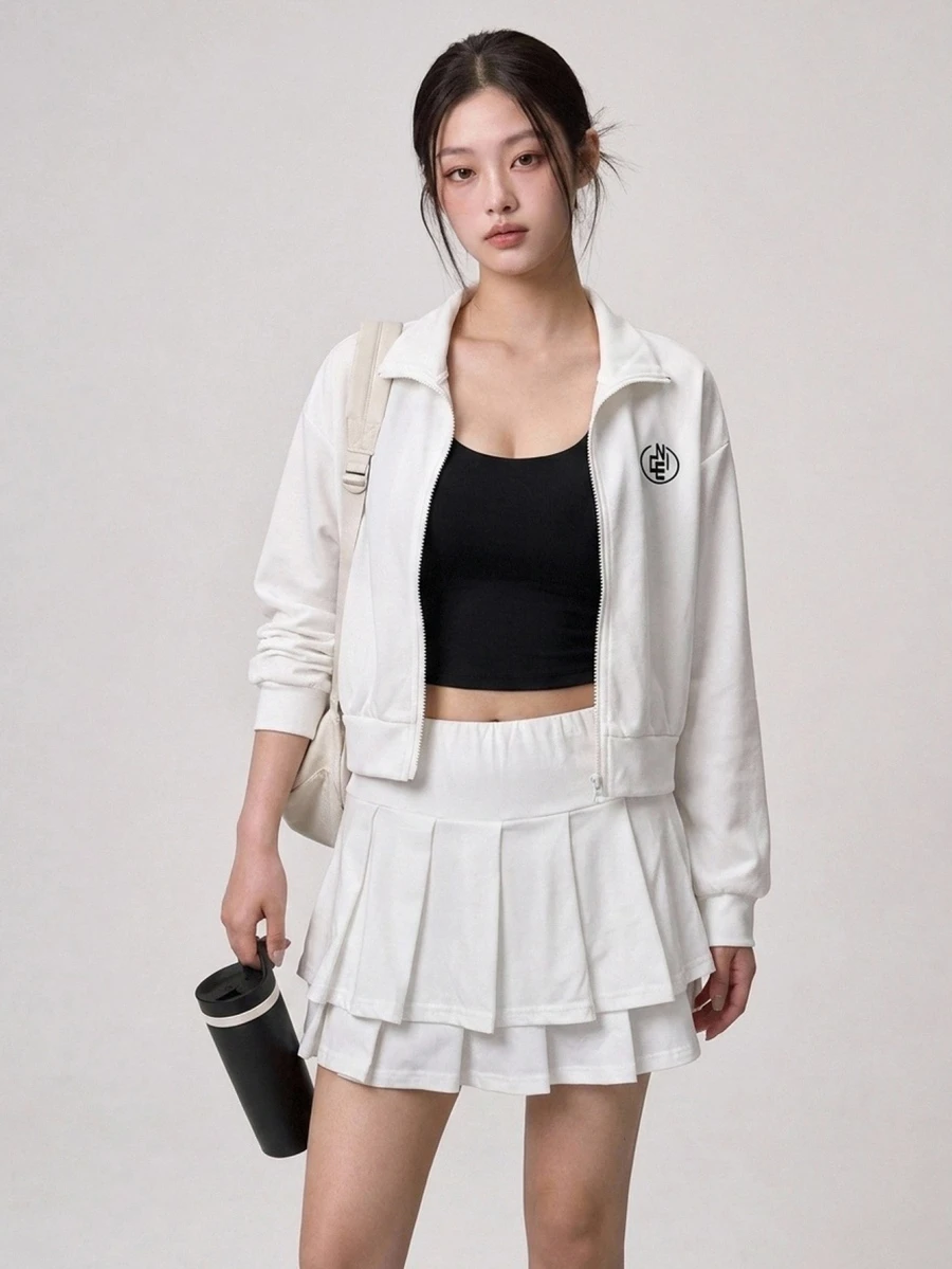 DAZY Women's Zip-Up Long Sleeve Jacket And Pleated Mini Skirt Sports Set Fall - White - View 1