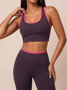 SHEIN BAE 女款滾邊背心與緊身褲日常健身運動套裝 - Bold Plum - 查看 3