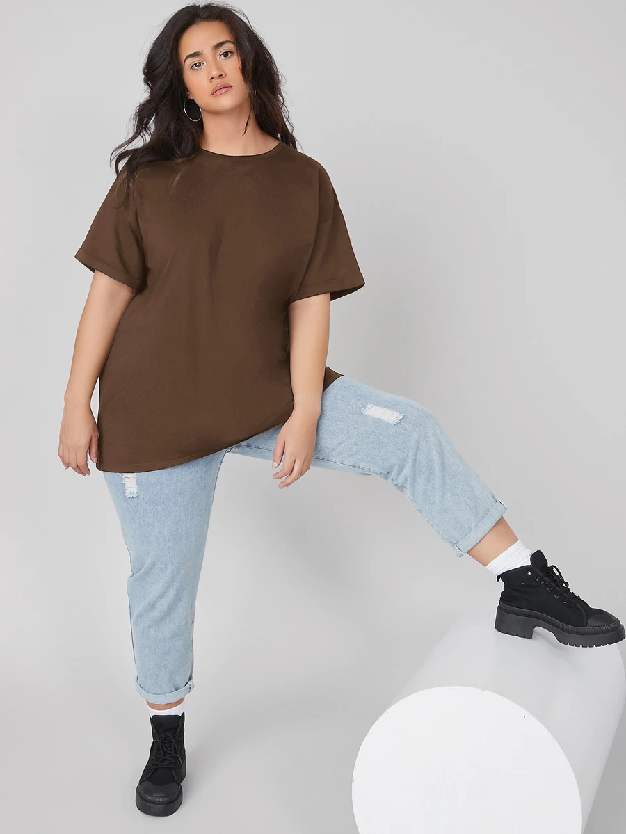 SHEIN BASICS 大尺碼捲袖口純色夏季上衣 - 咖啡棕 - 查看 1