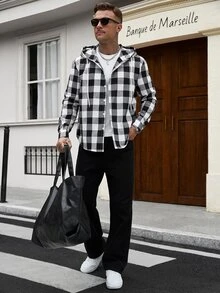 Manfinity CasualCool Men's Plaid Long Sleeve Single-Breasted Casual Drawstring Hooded Shirt - Multicolor - View 4
