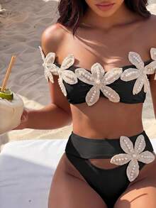 Bonvoyette Spring/Summer Girls Fashion Hot-Selling Viral Vacation Sexy Starfish & Pearl Decor Random Placement Two-Piece Bikini Set - Black - View 1