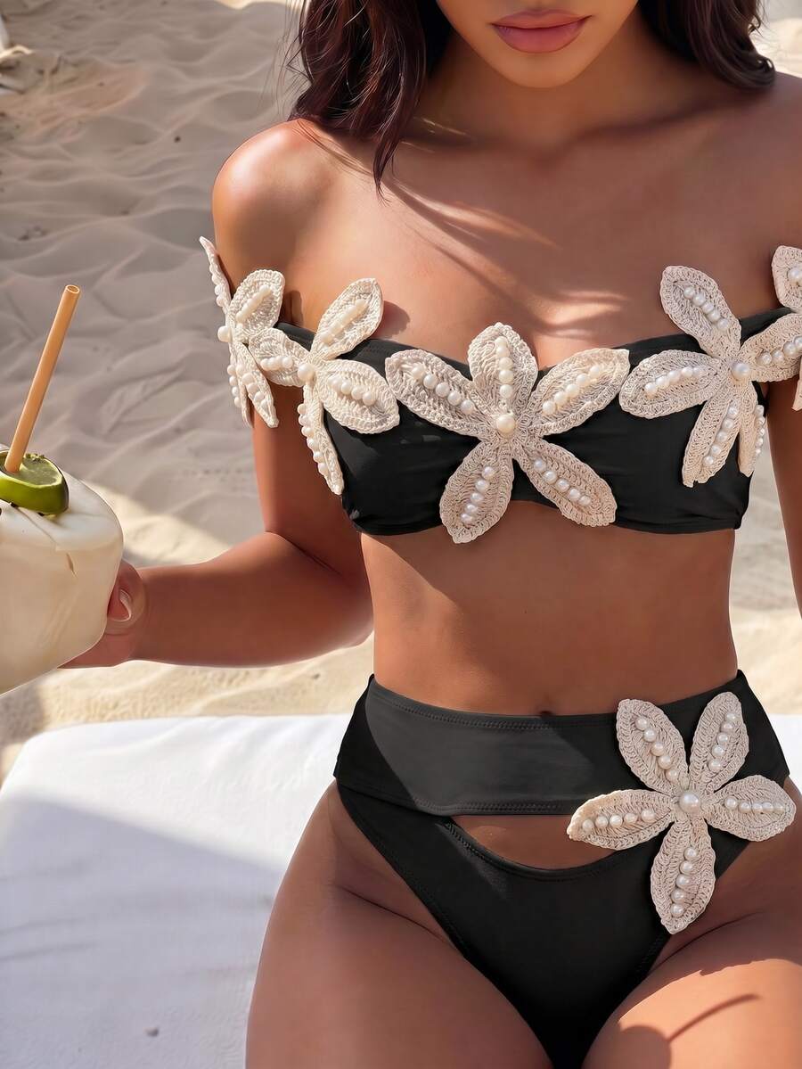 Bonvoyette Spring/Summer Girls Fashion Hot-Selling Viral Vacation Sexy Starfish & Pearl Decor Random Placement Two-Piece Bikini Set - Black - View 1