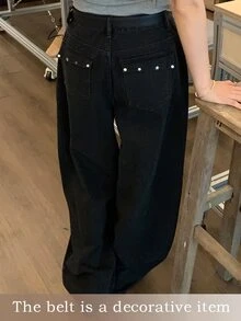Dazy Plus Solid Color Loose Rivet Casual Street Vacation Curved Leg Jeans, Spring/Autumn New Black Denim Pants - Black - View 1