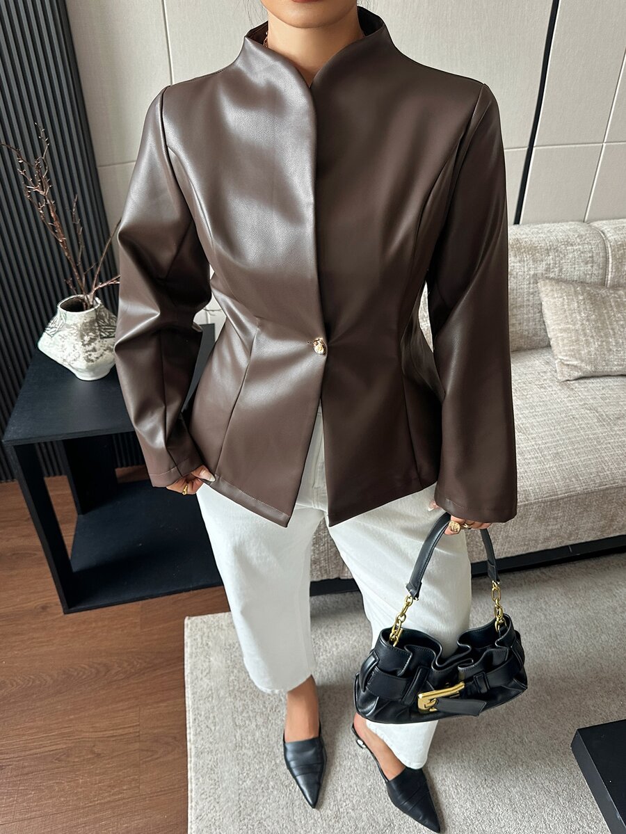 Livesso PU Leather Elegant Blogger Casual Waist-Cinching Spring/Autumn New Jacket - Brown - View 1