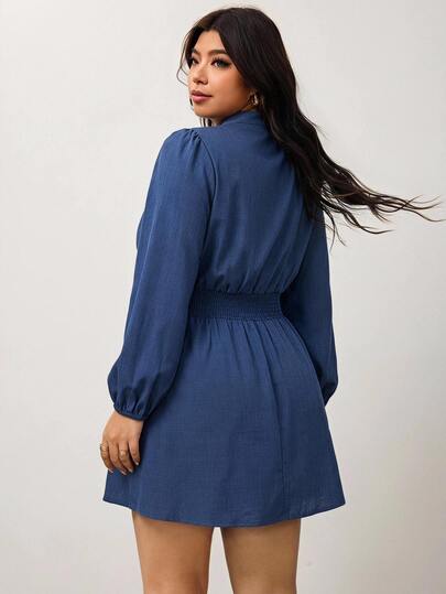 Enliva Plus Size Women's Apple Shape Solid Color V Neck Long Sleeve Smocked Waist Mini Dress