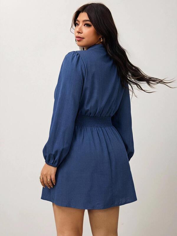 Enliva Plus Size Women's Apple Shape Solid Color V Neck Long Sleeve Smocked Waist Mini Dress