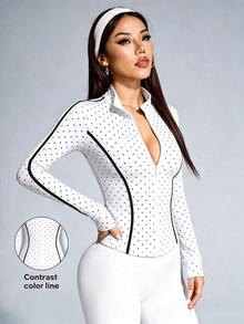 SHEIN Sovereign Charm 女款波點撞色休閒日常運動夾克 - 黑與白 - 查看 3