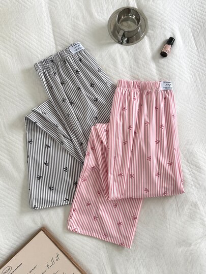 Napfluff 2pcs Women's Minimalist Fashion Striped Bow Print Waistband Elastic Waist Straight Leg Long Pajama Pants 2-Piece Set