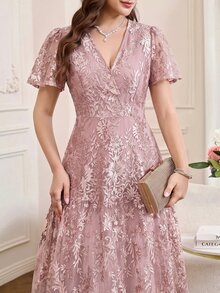 Amorya Women's Elegant Jacquard Mid-Length Dress With Overlap V-Neck, Short Sleeves And Ruffle Hem Wedding Formal Mother Of The Bride Dusty Mauve Summer - Pink - View 8