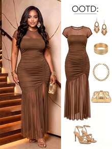 Poshavie Poshavie Gaun Maxi Bodycon Jala Berkerut Ukuran Plus untuk Wanita, Gaun Pesta Koktail Jala Transparan Rajut Patchwork Berkerut, Gaun Malam Elegan Pas Ramping untuk Wanita Berlekuk - Coffee Brown - View 1
