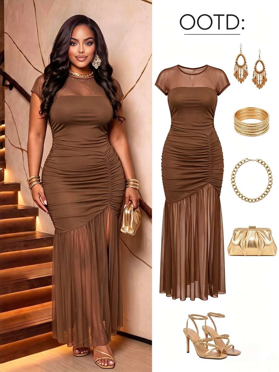 Poshavie Poshavie Gaun Maxi Bodycon Jala Berkerut Ukuran Plus untuk Wanita, Gaun Pesta Koktail Jala Transparan Rajut Patchwork Berkerut, Gaun Malam Elegan Pas Ramping untuk Wanita Berlekuk - Coffee Brown - View 1