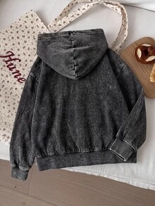 SHEIN Tween Girls' Black Knit Denim Short Hooded Long Sleeve Jacket - Black - View 4
