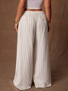 Rustia Plus Size Commuter Street Mid-Waist Custom Linen Pleated Wide Leg Suit Pants, Single Button Waist, Draped Cropped Lyocell Striped Fabric Straight Leg Casual Trousers - White - View 3