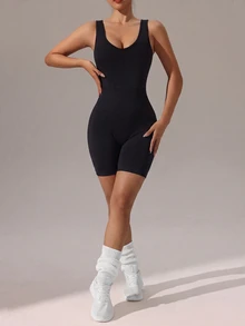 Slayform Slayform Women's Solid Color Back Twist Cutout Design Sleeveless Sports Romper - Black - View 2