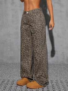 SHEIN CURVE+ Festival Plus Size Women's Leopard Print Non-Stretch Straight Leg Denim Pants - Apricot - View 3
