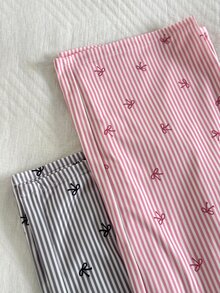 Napfluff 2pcs Women's Minimalist Fashion Striped Bow Print Waistband Elastic Waist Straight Leg Long Pajama Pants 2-Piece Set - Multicolor - View 7