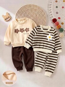 SHEIN 新生兒 2 件套條紋花卉衛衣與運動長褲，舒適居家與日常穿著 - 卡其色 - 查看 1