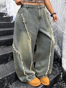 Jeanoix Celana Jeans Denim Ukuran Besar Pinggang Tinggi Longgar Kaki Lebar dengan Desain Jahitan Tepi Kasar Bergaya Subkultur Y2K Vintage - Light Wash - View 3
