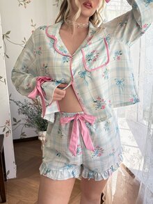 CottageSlumber Romantic Pastoral Floral Leaf Heart Stripe Print Lapel Button-Front Contrast Trim Bow Design Plus Size Women's Pajama Set - Multicolor - View 5