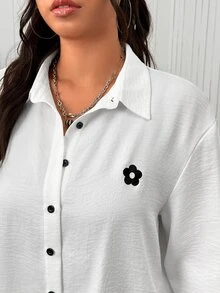 SHEIN EZwear 大尺碼女款花卉印花長袖上衣與條紋長褲休閒日常兩件套 - 黑與白 - 查看 6