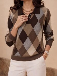 GlowEve CURVE Plus Size Women's Diamond Pattern Polo Collar Long Sleeve Casual Pullover Sweater Winter - Coffee Brown - View 4