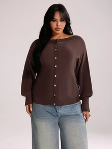 Rustia Plus Size Women's Solid Color Boat Neck Batwing Long Sleeve Single-Breasted Casual Knit Cardigan Winter - White - View 3