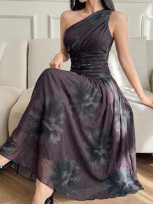 DAZY Women's Floral Print One-Shoulder Ruched Elegant Waist-Cinched Dress - Purple - View 1