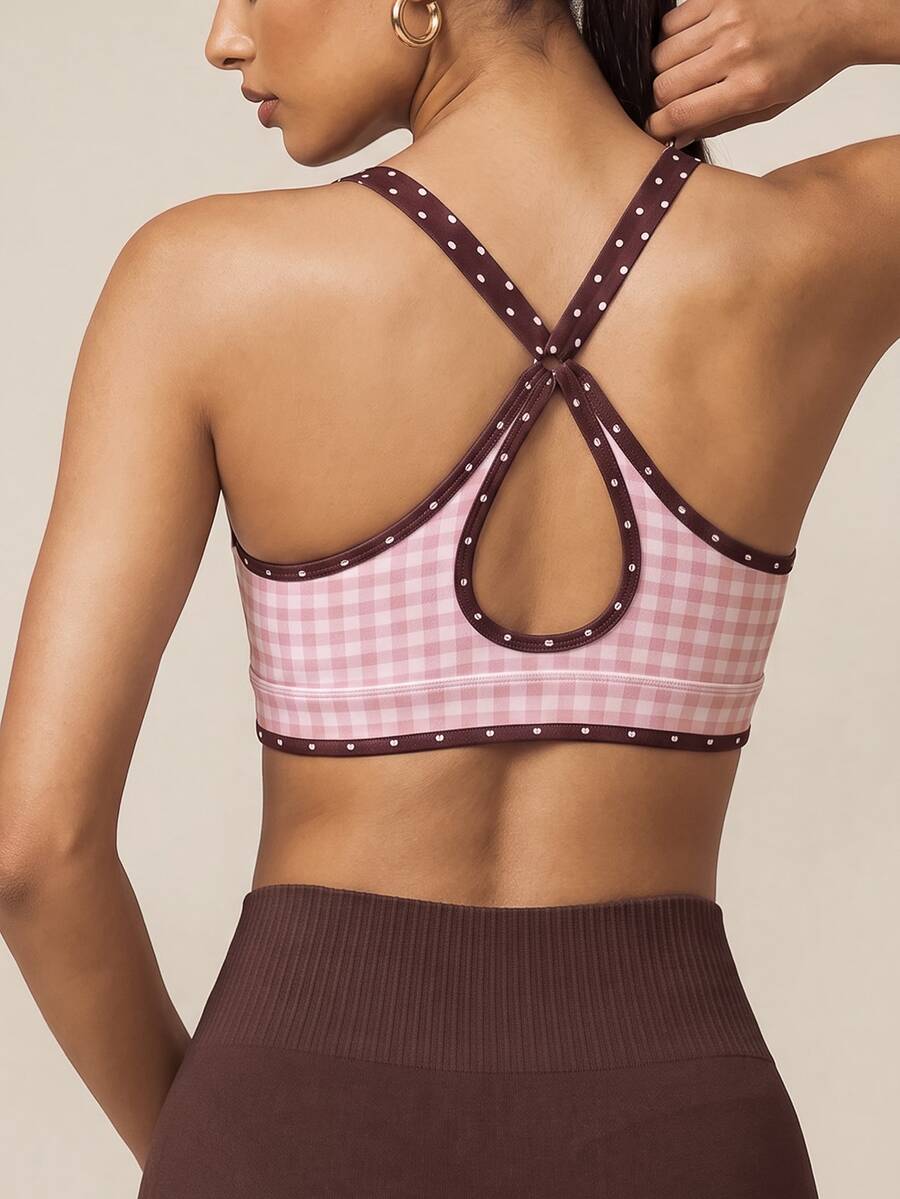SHEIN BAE Women Pink Plaid Padded Cross Back Sports Bra Checkered Print Contrast Trim Gym Workout Training Running Yoga Athletic Sportswear Top - Baby Pink - View 1