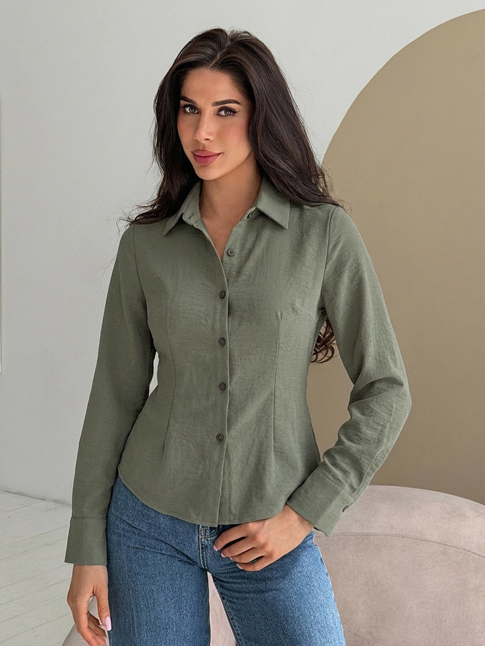 Solid Color Fitted Waist Long Sleeve Elegant Formal Old Money Summer Blouse For Women