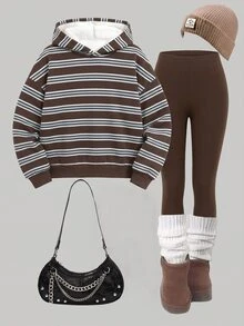 SHEIN 青少年女孩連帽落肩運動衫與緊身內搭褲2件套 - 彩色 - 查看 4