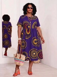 EMERY ROSE Plus Size Women's Geometric Pattern Round Neck Short Sleeve Casual Dress - Purple - View 4