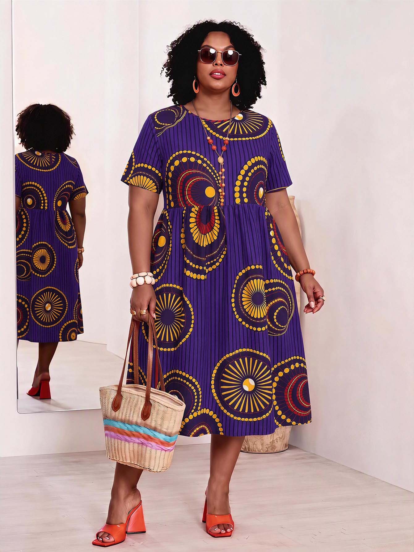 EMERY ROSE Plus Size Women's Geometric Pattern Round Neck Short Sleeve Casual Dress - Purple - View 1