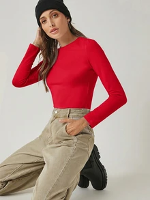 SHEIN BASICS 女款休閒百搭純色修身長袖T恤上衣 白色 - 紅色 - 查看 5