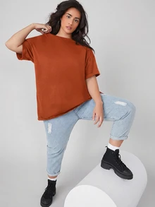 SHEIN BASICS 大尺碼捲袖口純色夏季上衣 - 鏽棕色 - 查看 4