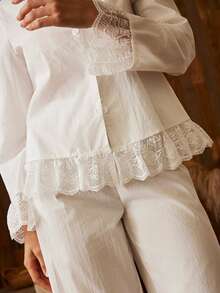 Lullawish Bohemian Vacation Casual Embroidered Lace Trim Ruffle Patchwork Loose Cotton Blend Woven Women's Pajama Set - White - View 6