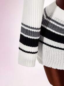 Amplova Black White Gray Striped Long Sleeve Distressed Fitted Bodycon Mini Knit 2 Pieces Set - Black and White - View 6