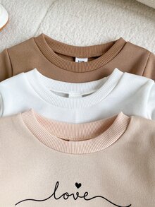 SHEIN Vintaside Kids 3件組女孩愛心圖案運動衫與長褲套裝，秋冬圓領長袖套頭衫與長褲套裝，米色/卡其色/白色 - 彩色 - 查看 4