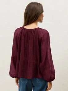 COSMINA Women's Pleated Balloon Sleeve Chiffon Blouse Brunch Everyday Burgundy Autumn Elegant Boho - Burgundy - View 2