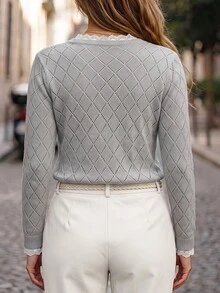 Linhara CURVE Plus Size Women's Autumn/Winter Round Neck Long Sleeve Hollow Lace Knit Sweater Pullover - Light Grey - View 2
