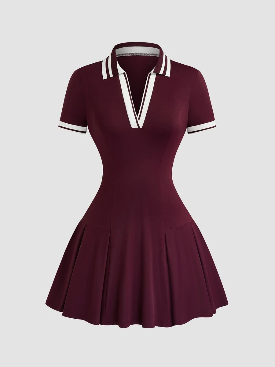 Sweetra Plus Size American Collegiate Style Striped Cinched Waist Pleated Dress Sexy - Red - View 1