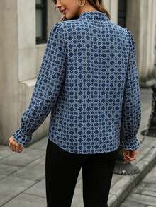 Breezaya Vintage Floral V-Neck Bell Sleeve Plus Size Long Sleeve Blouse, Elegant Print Top, Versatile Casual Everyday Wear, Puff Sleeve Blouse, Plus Size Shirt - Multicolor - View 2