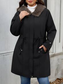 SHEIN Clasi Plus Size Women's Fur Collar Long Sleeve Drawstring Waist Casual Jacket - Black - View 4