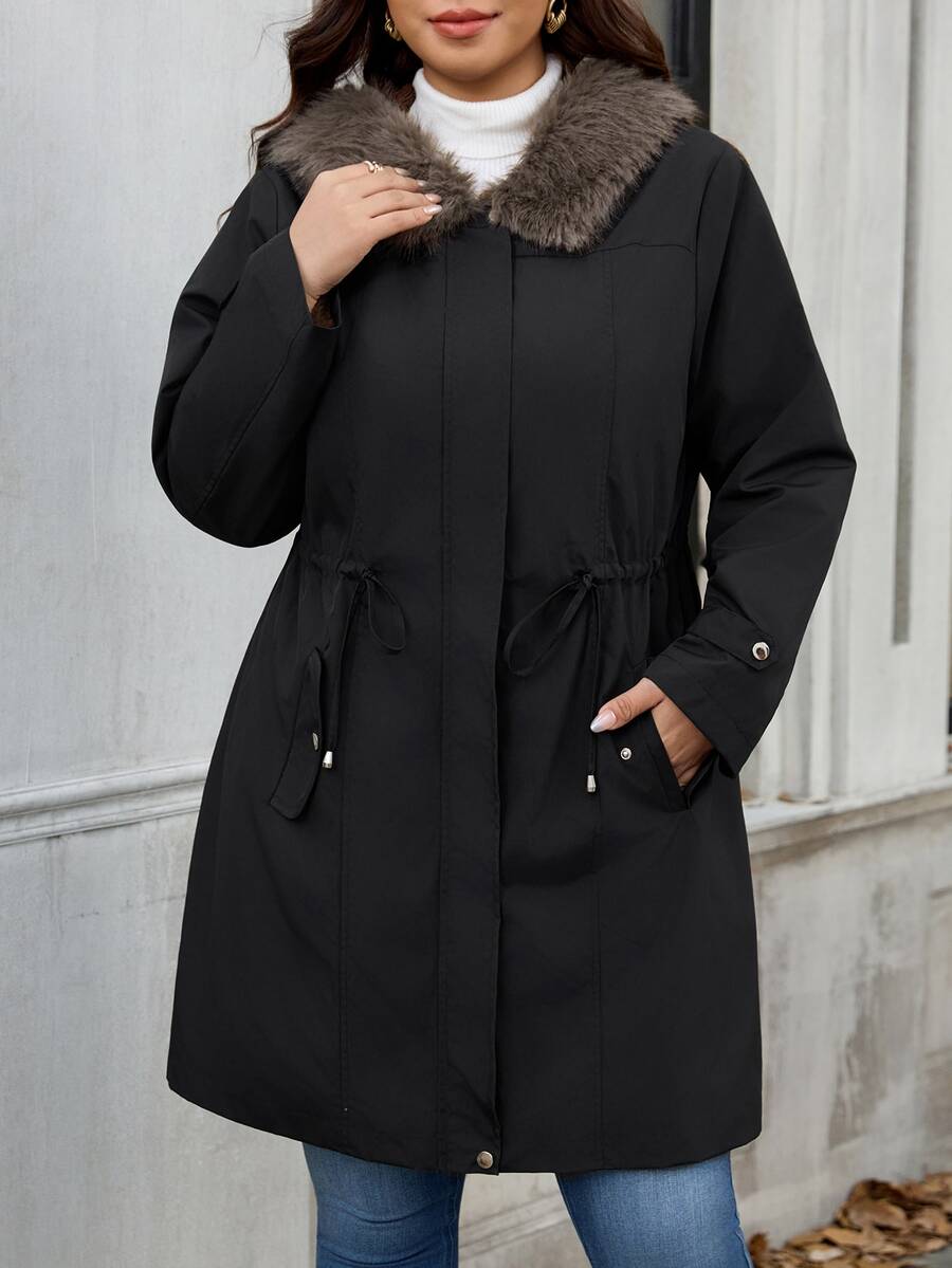 SHEIN Clasi Plus Size Women's Fur Collar Long Sleeve Drawstring Waist Casual Jacket - Black - View 1