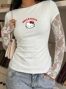 CovetEZ HELLO KITTY AND FRIENDS | SHEIN 95%棉夏季休閒黑色針織蕾絲拼接2合1女款長袖上衣，聯名款，適合外出、街頭穿搭、機場造型、時尚、返校、Y2K、派對、海灘度假、假期 - 白色 - 查看 6
