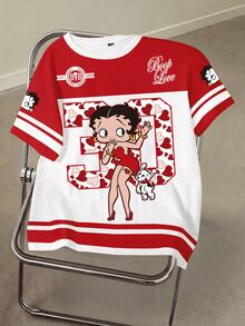 Betty Boop x SHEIN Women's Digital Print Round Neck Short Sleeve Casual Versatile T-Shirt - White - View 1