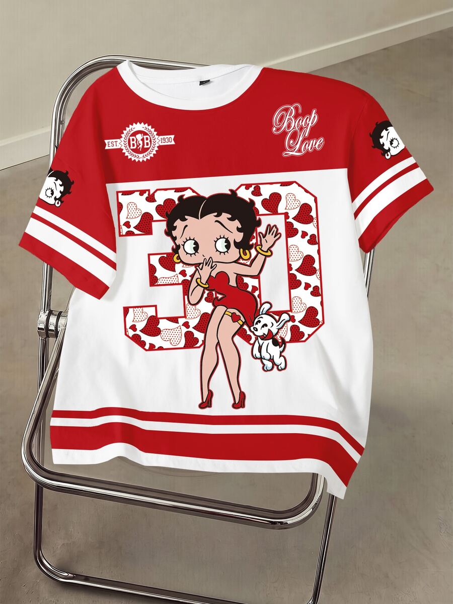 Betty Boop x SHEIN Women's Digital Print Round Neck Short Sleeve Casual Versatile T-Shirt - White - View 1