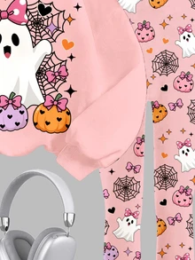 SHEIN 甜美粉色與黑色萬聖節南瓜、幽靈、蜘蛛網、波點圖案，「Hey Bootiful」不給糖就搗蛋！女童休閒柔軟寬鬆圓領套頭運動衫與內搭褲套裝，秋冬日常穿著新風格，萬聖節、甜美風、南瓜季，BOO! - 彩色 - 查看 5