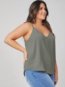 SHEIN BASICS 大尺碼純色細肩帶背心上衣 夏季女款穿搭上衣 - 綠色 - 查看 5