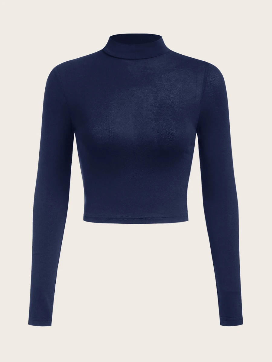 SHEIN BASICS 女款海軍藍素色修身短版小高領上衣,日常秋季休閒穿搭 - 藏蓝色 - 查看 1